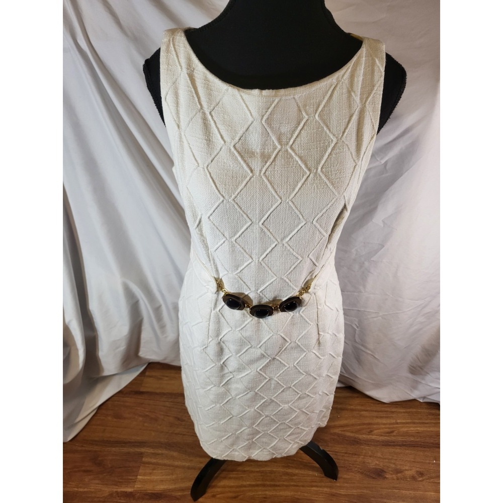 Milly of New York Cream Textured Midi Dress with Decorative Belt